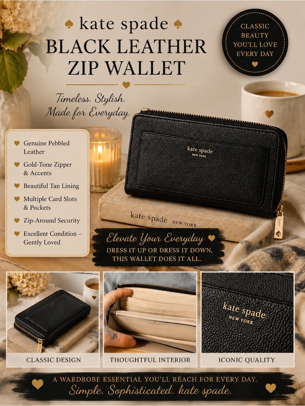 Kate Spade Black Leather Zip Wallet